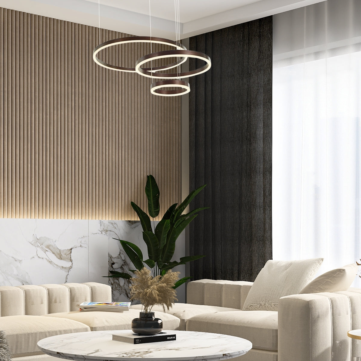 Moderne Pendelleuchte LED Ring Kaffe- 3Ringe-ideal fuer Freiezeit