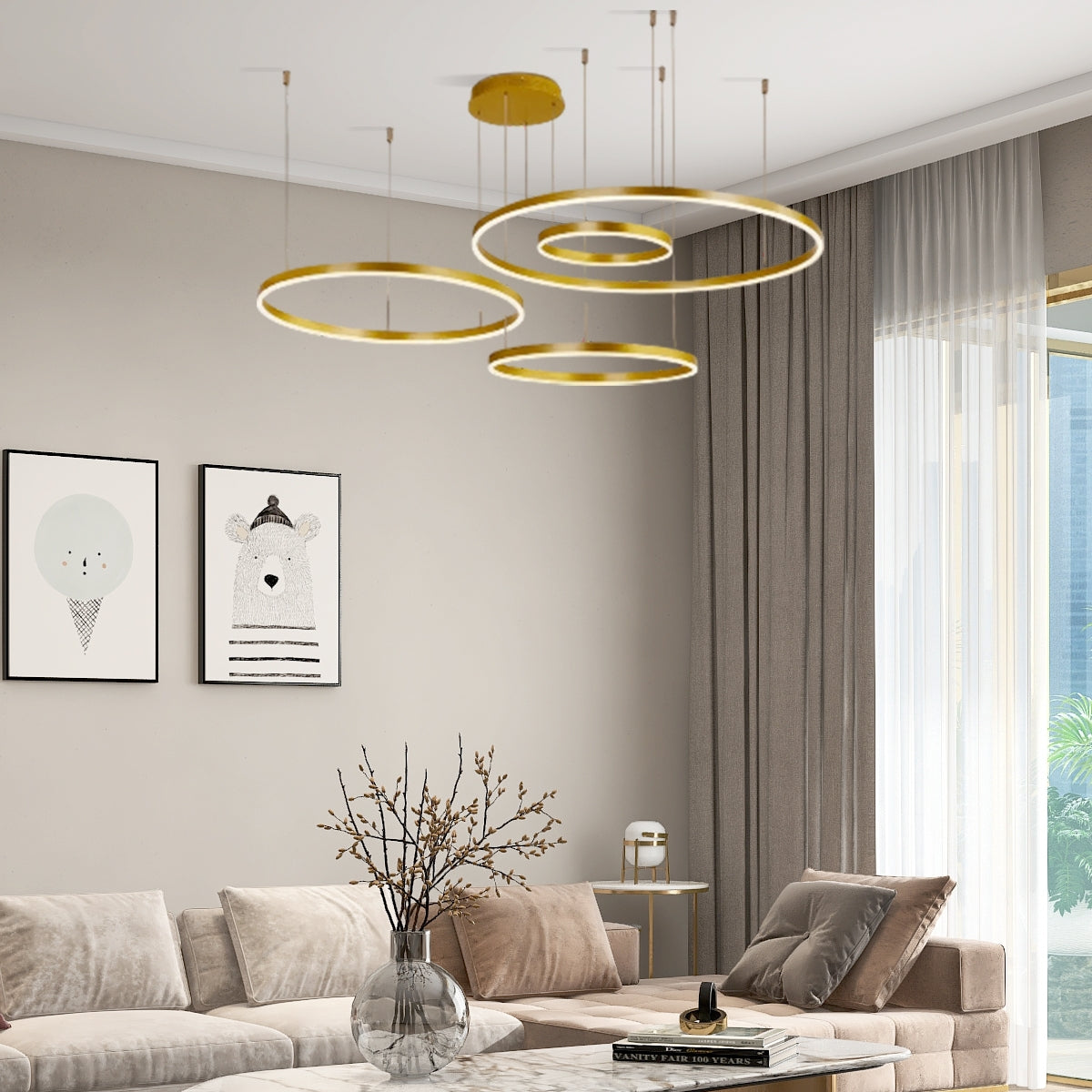 Moderne Pendelleuchte LED Ring Gold- 4Ringe-ideal fuer Wohnzimmer