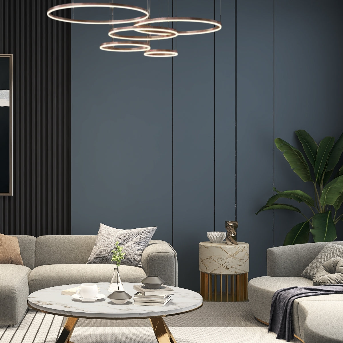 Moderne Pendelleuchte LED Ring Kaffee- 5Ringe-ideal fuer Wohnzimmer