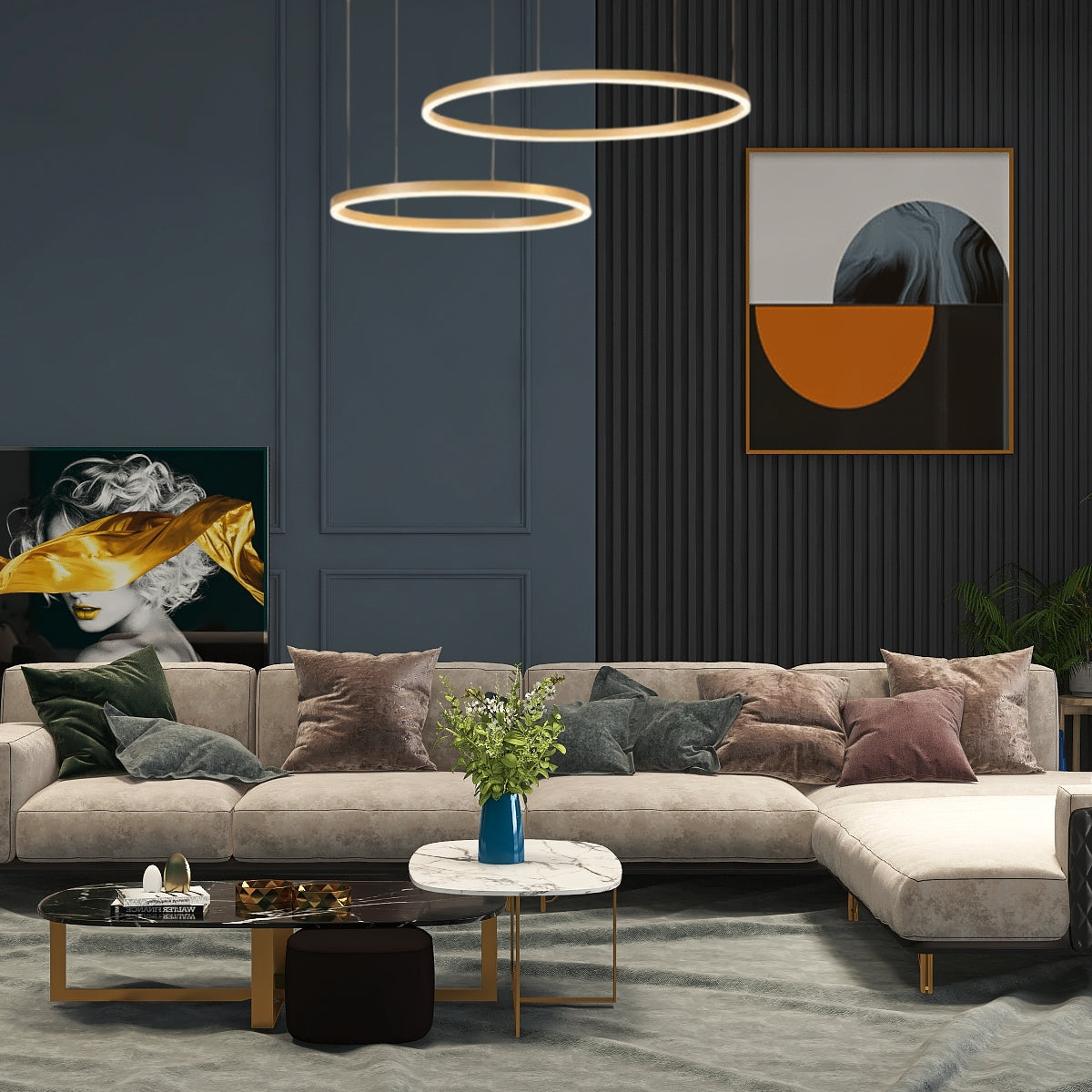 Moderne Pendelleuchte LED Ring Gold- 2Ringe-ideal fuer Wohnzimmer