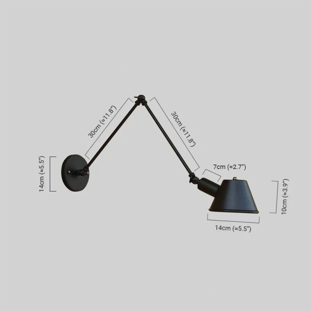 Maßzeichnung der vintage Wandlampe LED Schwarz Arbeitzimmer