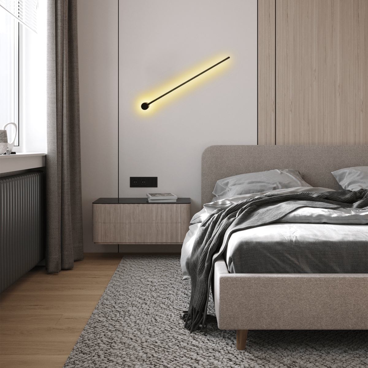 Minimalistische Wandleuchte aus Metall in einem skandinavisch eingerichteten Wohnzimmer