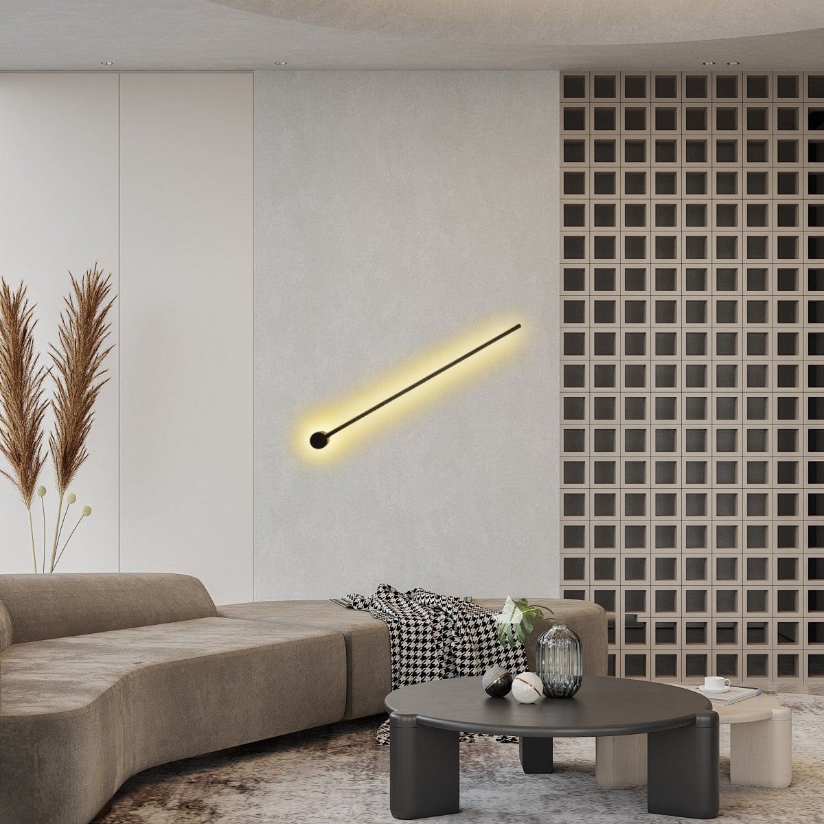 Zwei LED-Wandleuchten in Schwarz symmetrisch an der Wohnzimmerwand angebracht