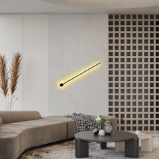 Zwei LED-Wandleuchten in Schwarz symmetrisch an der Wohnzimmerwand angebracht
